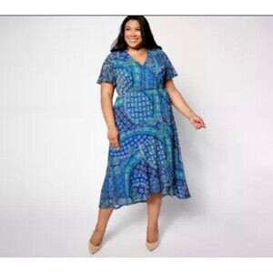 Susan Graver‎ Womens Geometric Print Midi Dress Size 1X Petite Blue Multi Artsy